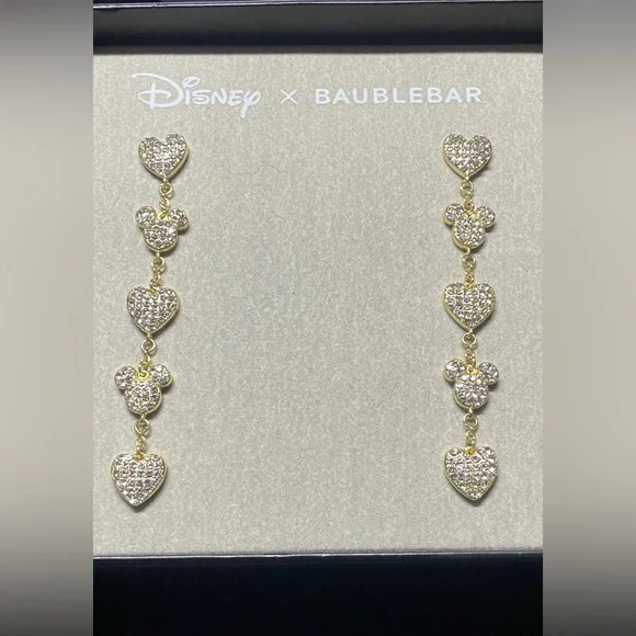 Disney X Baublebar Colab Golden Rhinestone Pave Heart & Micky Dangle Earrings - Picture 4 of 4